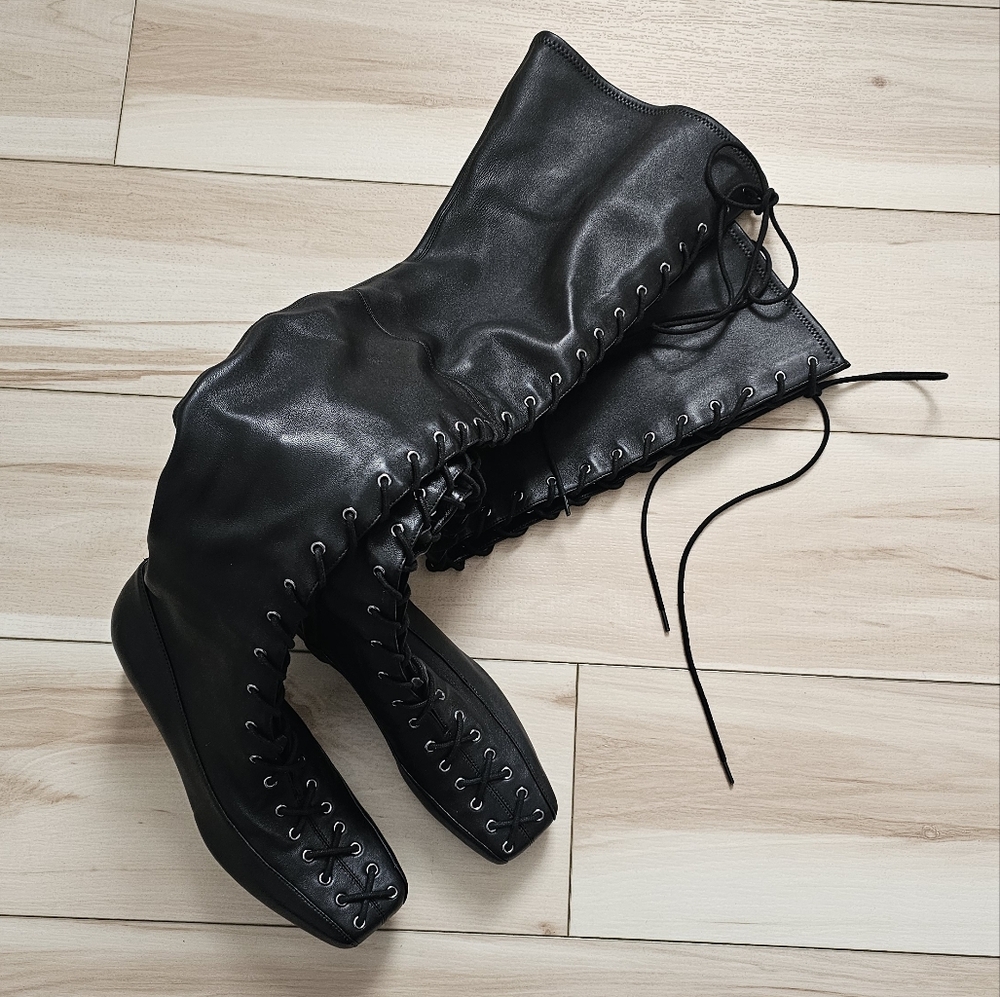 NEW RARE Zara x Stefano Pilato Leather Lace-up Thigh high Boots Over the knee 8 - Picture 11 of 12